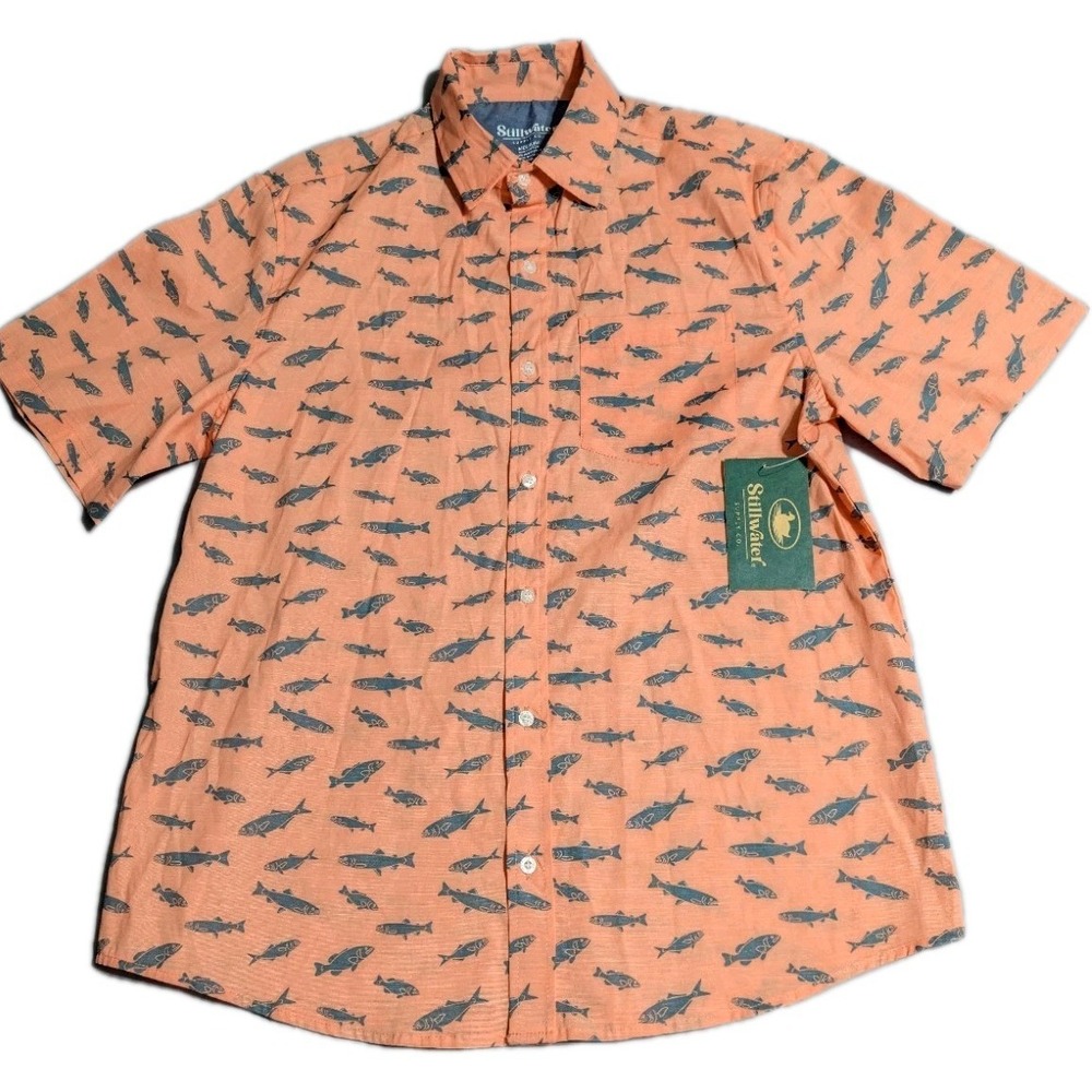 Stillwater Supply Co Fish Print Button Up Shirt Mens Medium‎ NWT Peach Fishing